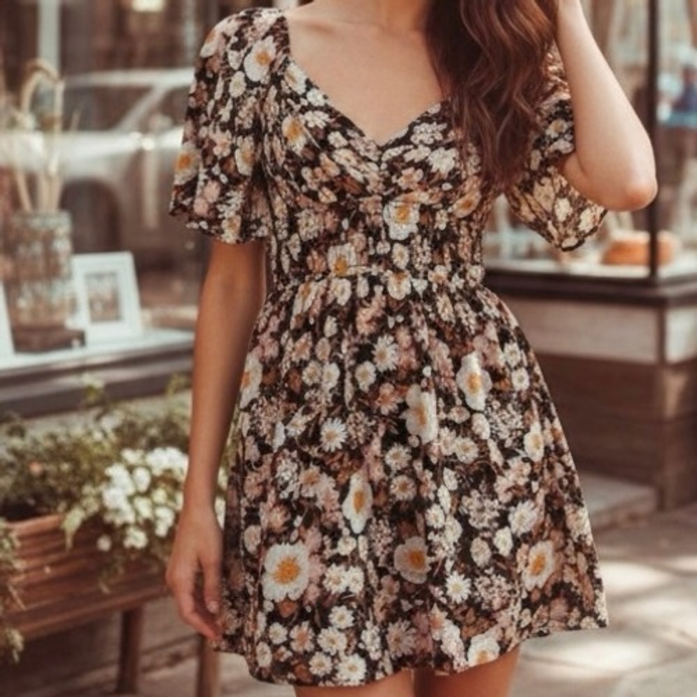 Abercrombie & Fitch Angel Sleeve Smocked Waist Floral Crinkle Mini Dress - Picture 1 of 4